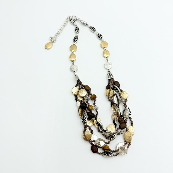 BRIGHTON Rivera Gold Silver Hammered Disk Crystal Brown Multi Cord Necklace - Picture 3 of 7